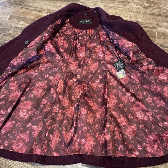 Guess Los Angeles Pea Coat Women’s M Burgundy Wool Blend Double Breast - Picture 11 of 16